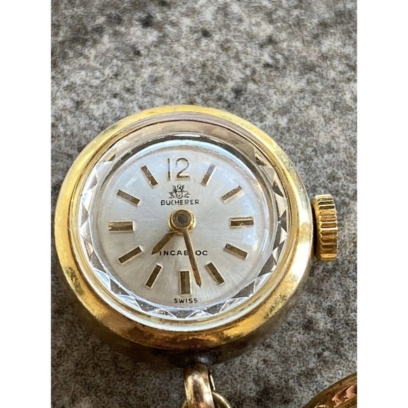 Vintage Gold Filled Bucherer 17 Jewels Skeleton Orb Pendant  BUCHERER Incablock Swiss Gold Tone Watch Brooch Pin Bowel Mechanical Wind Up VTG